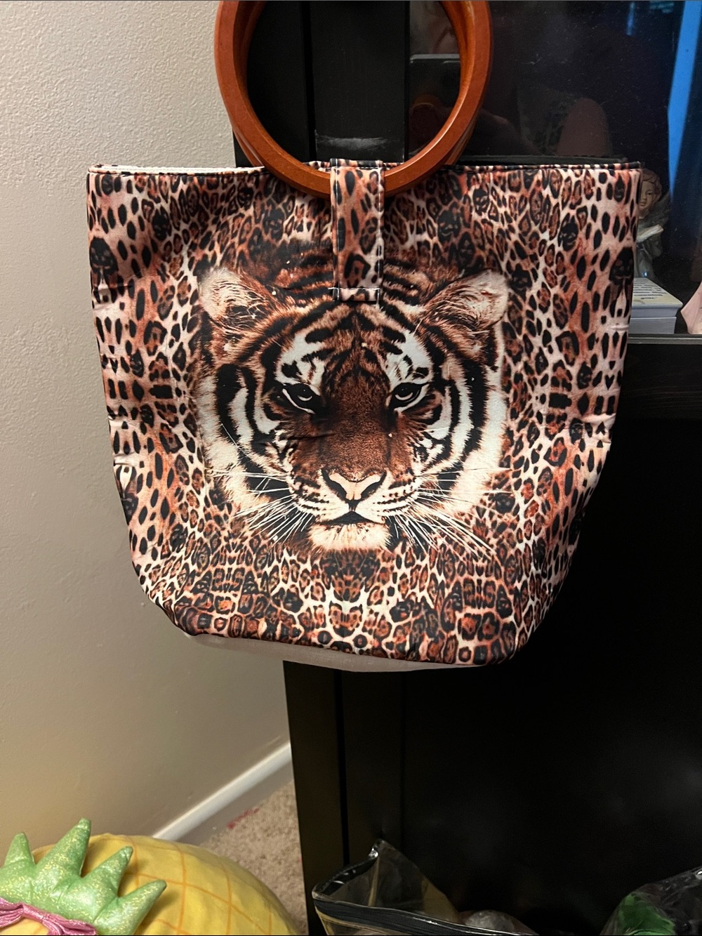 Tiger Print Round-Handle Tote Bag in Brown - Picture 3 of 8